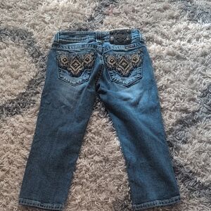 Miss Me Blue Cropped Jeans with Gold Embroidery